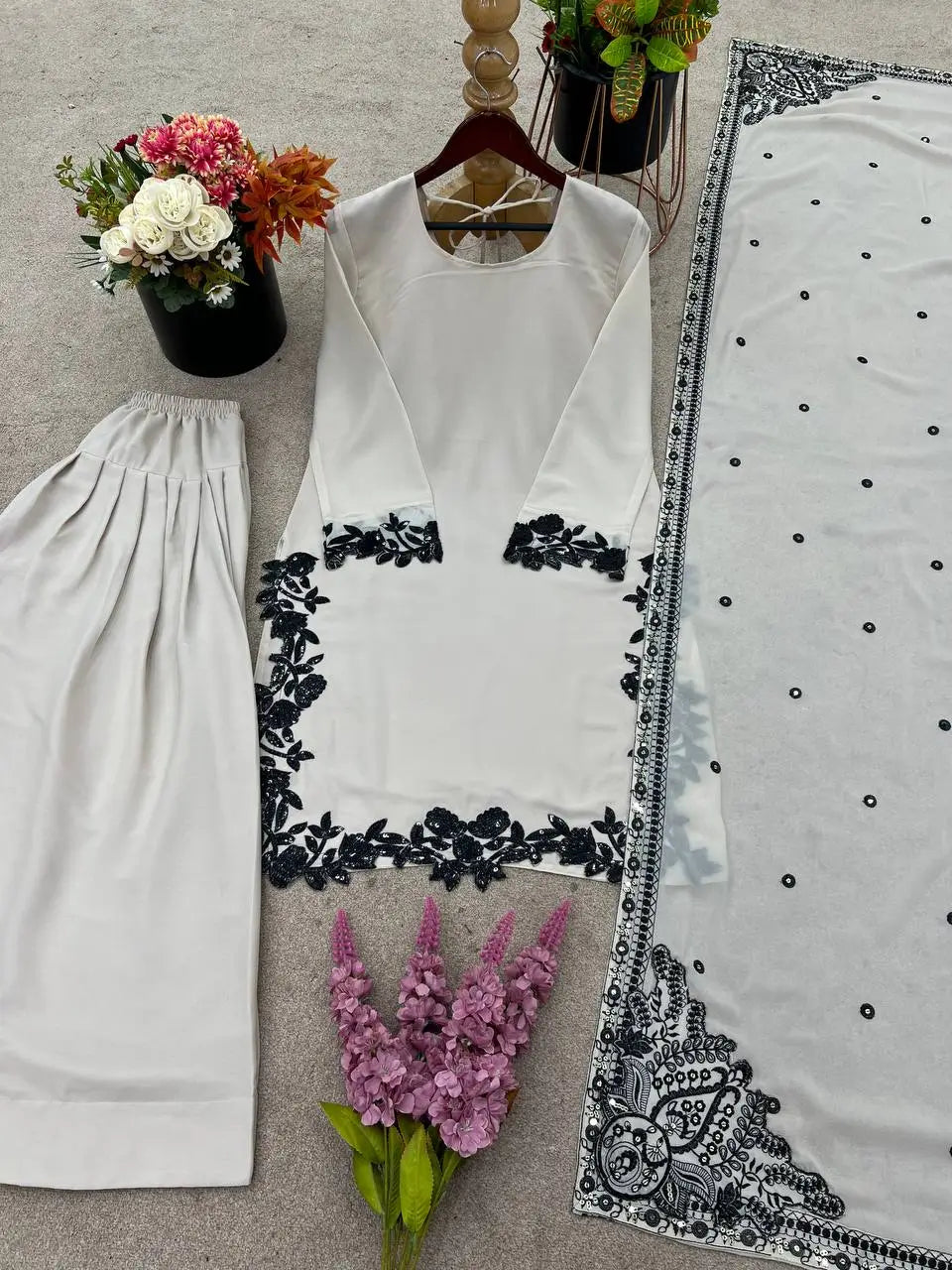 Embroidered Star Georgette Suit Set with Farshi Pant and Dupatta