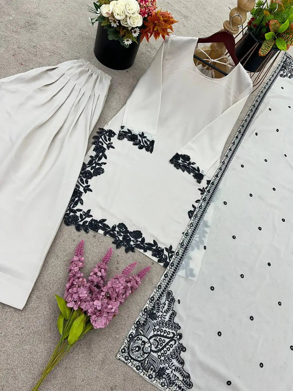 Embroidered Star Georgette Suit Set with Farshi Pant and Dupatta