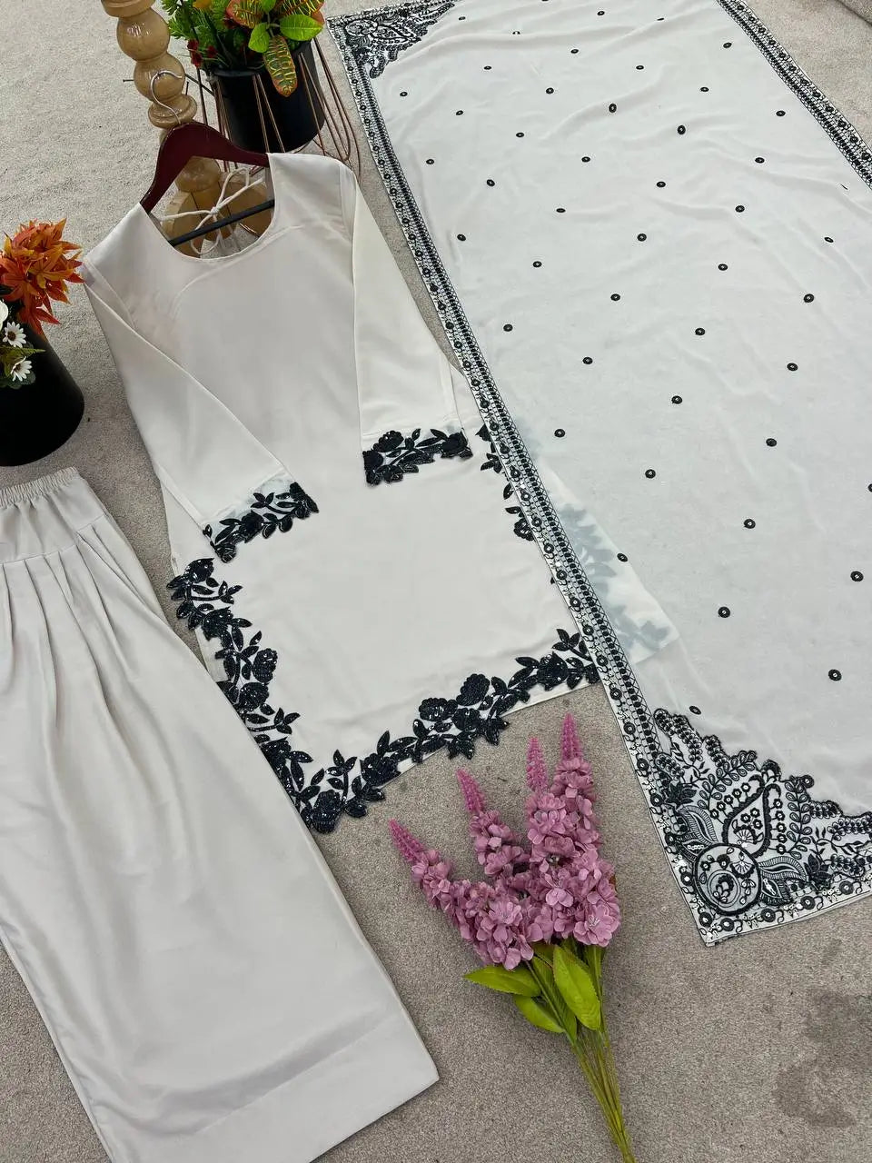 Embroidered Star Georgette Suit Set with Farshi Pant and Dupatta