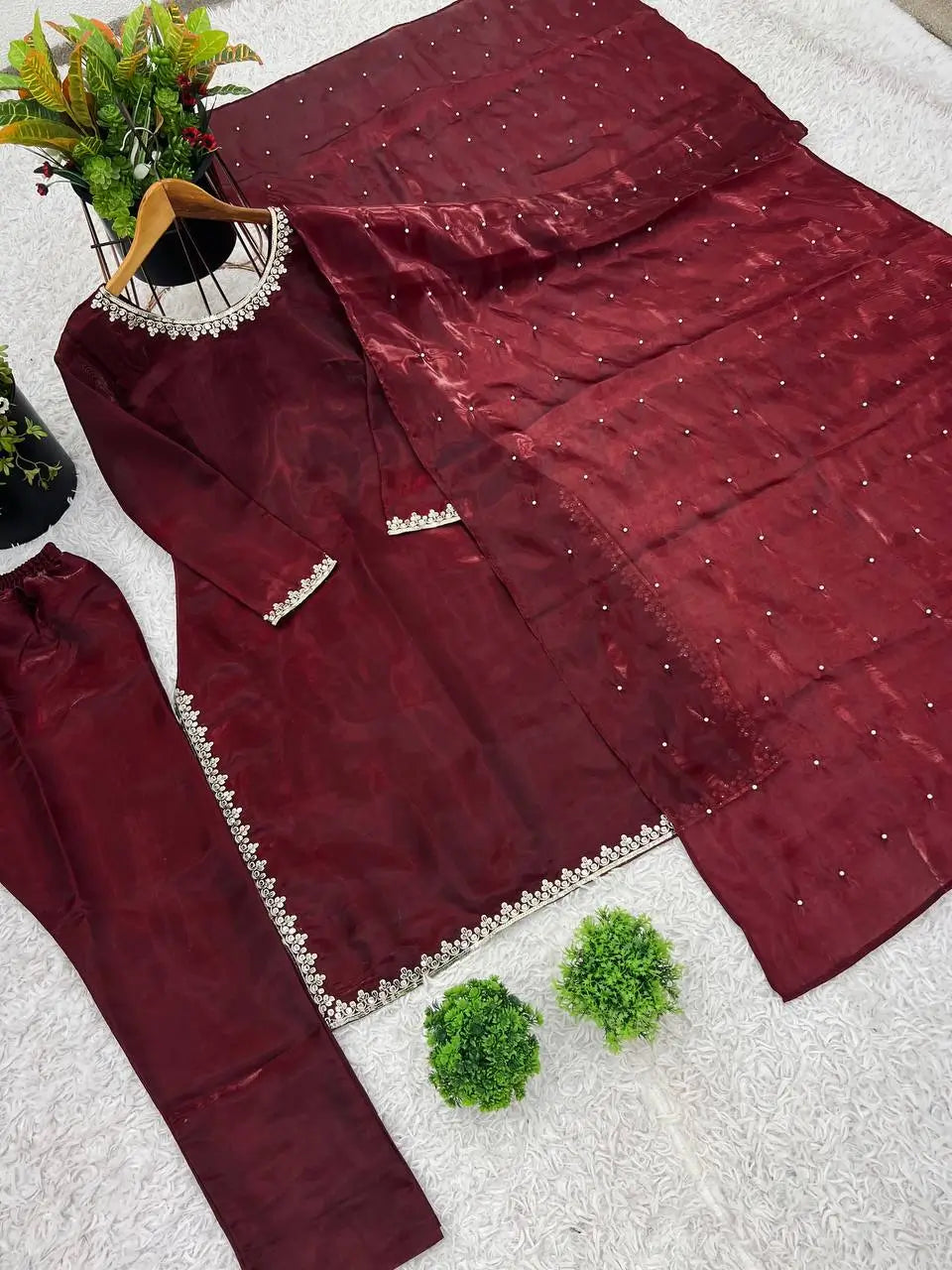 Embroidered Tissue Organza Silk Suit Set with Dupatta