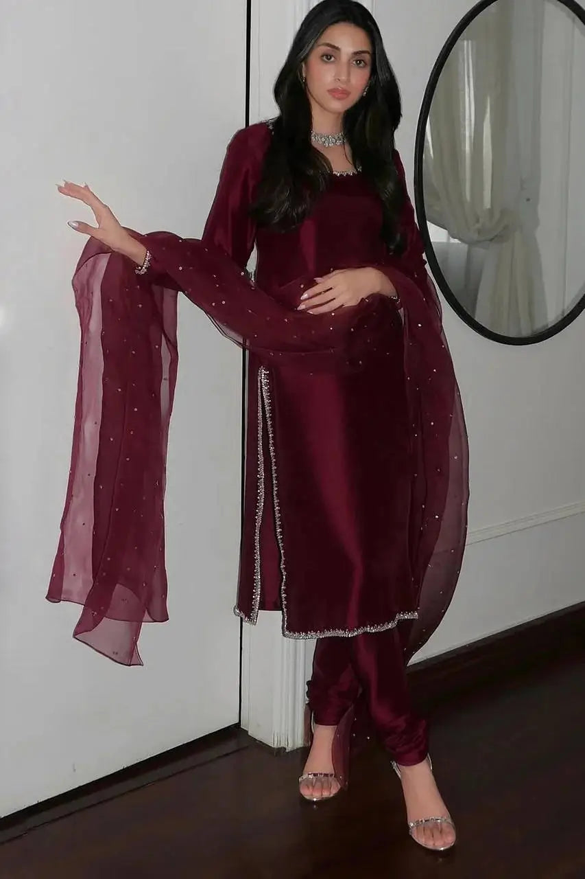 Embroidered Tissue Organza Silk Suit Set with Dupatta