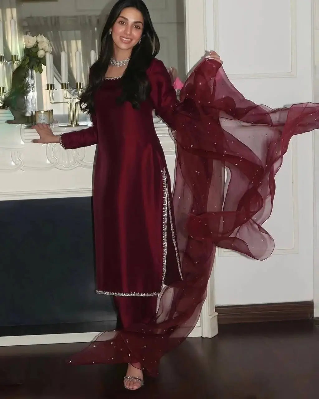 Embroidered Tissue Organza Silk Suit Set with Dupatta