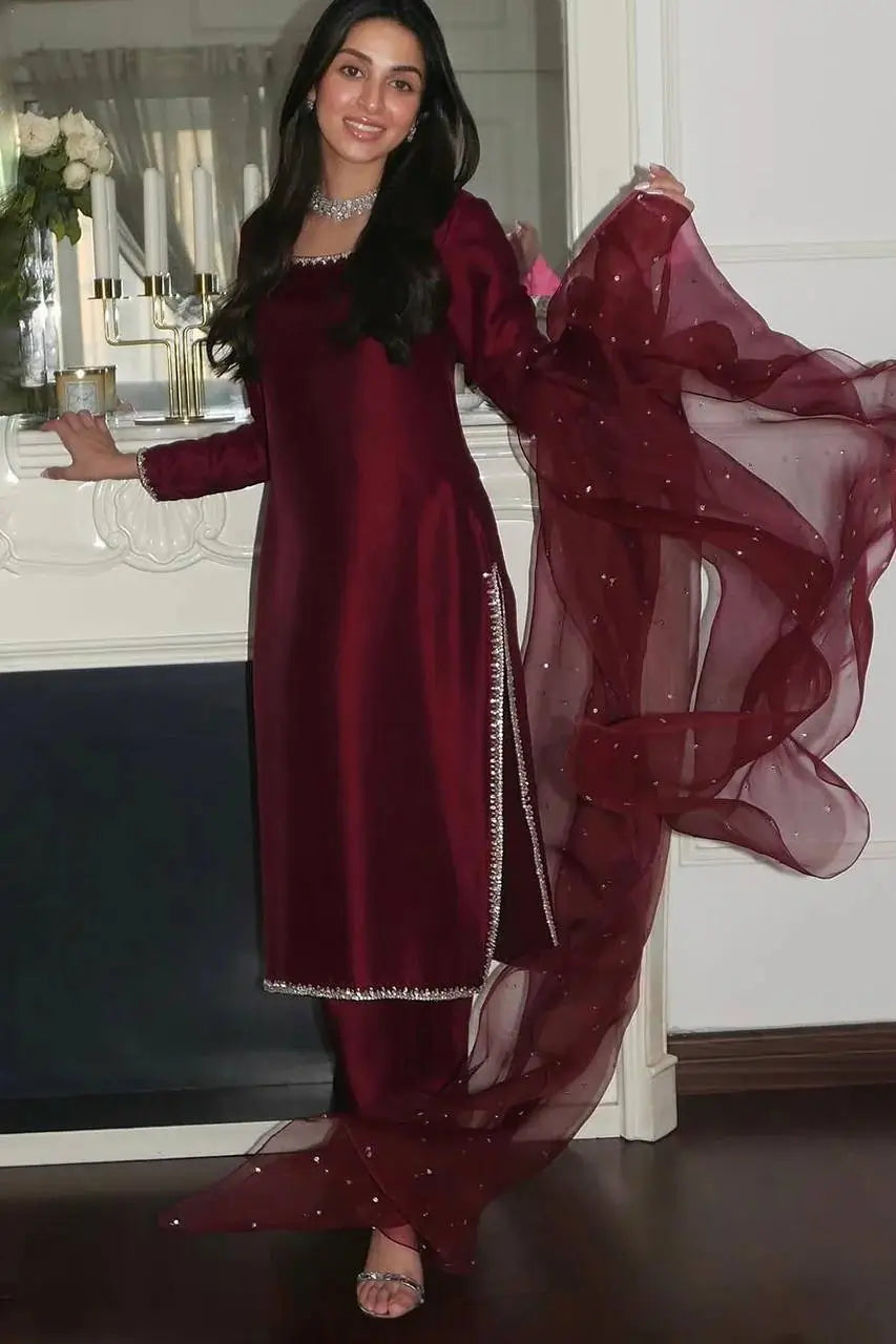 Embroidered Tissue Organza Silk Suit Set with Dupatta