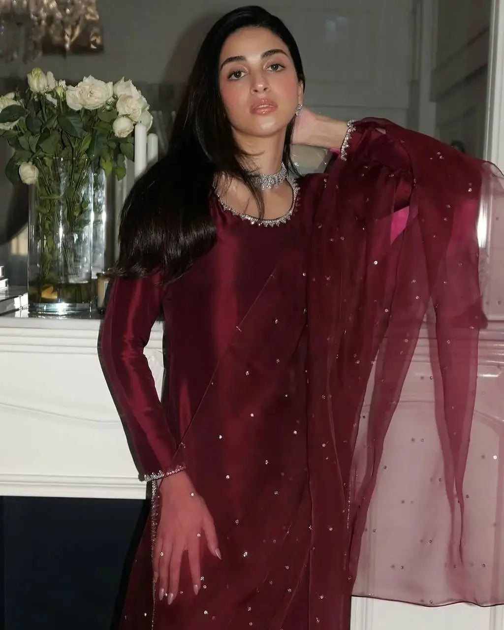 Embroidered Tissue Organza Silk Suit Set with Dupatta