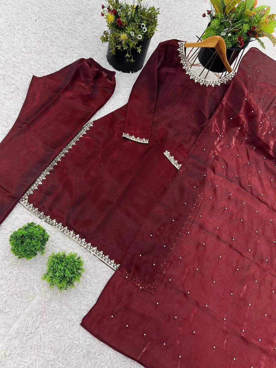 Embroidered Tissue Organza Silk Suit Set with Dupatta