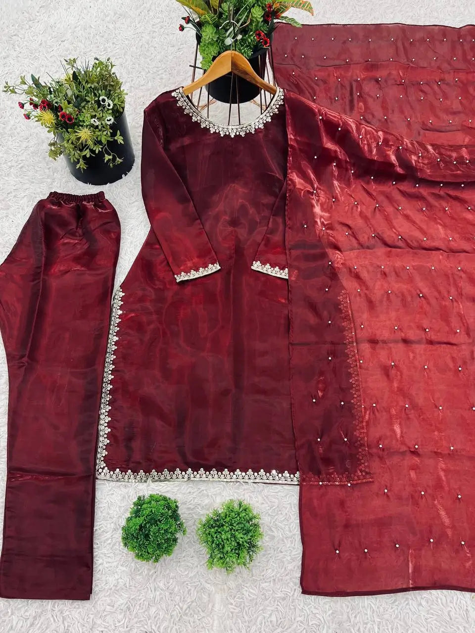 Embroidered Tissue Organza Silk Suit Set with Dupatta