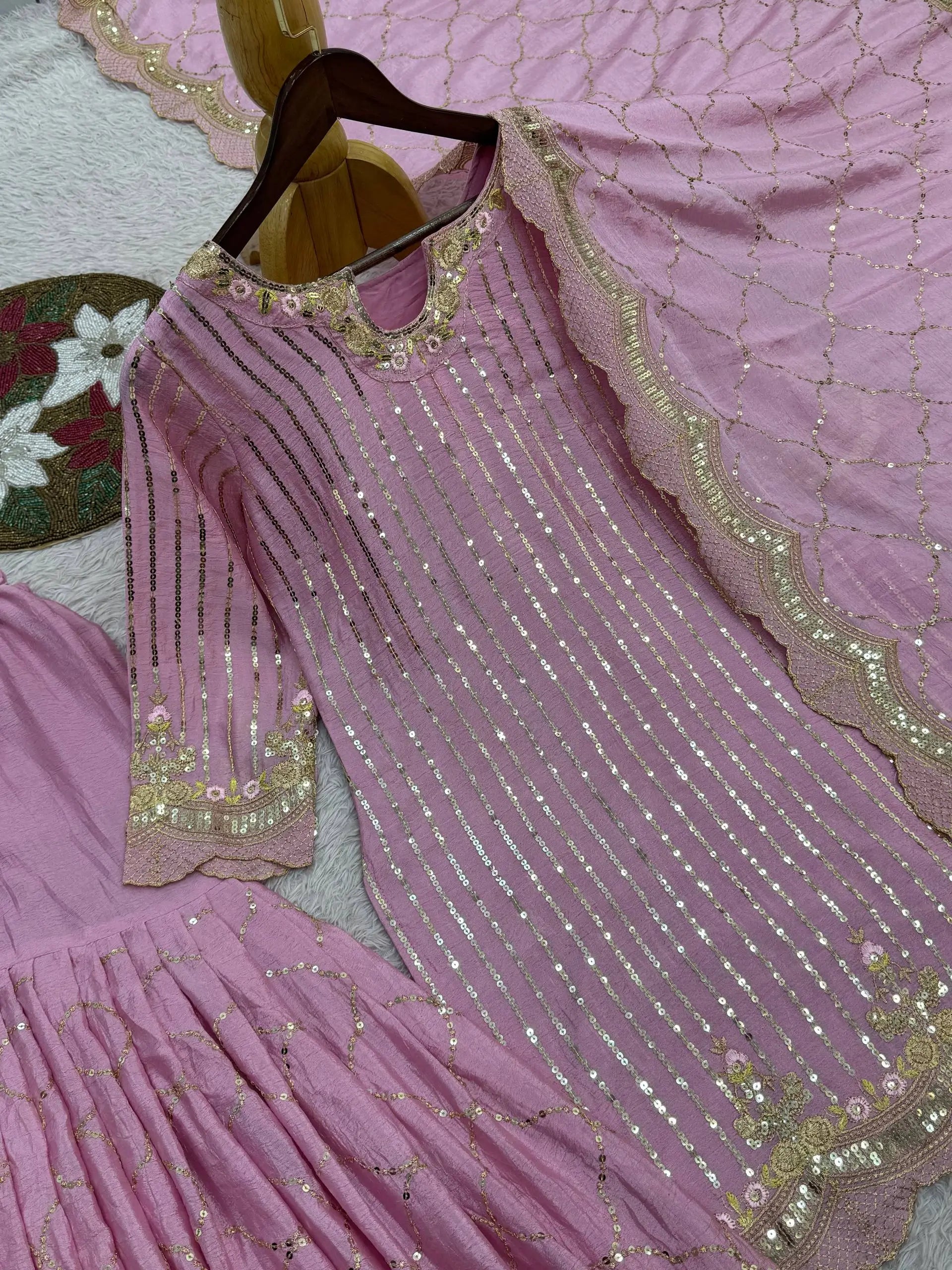 Embroidered Turkey Crush Sharara Suit Set for Wedding and Festive Wear