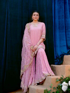 Embroidered Turkey Crush Sharara Suit Set for Wedding and Festive Wear