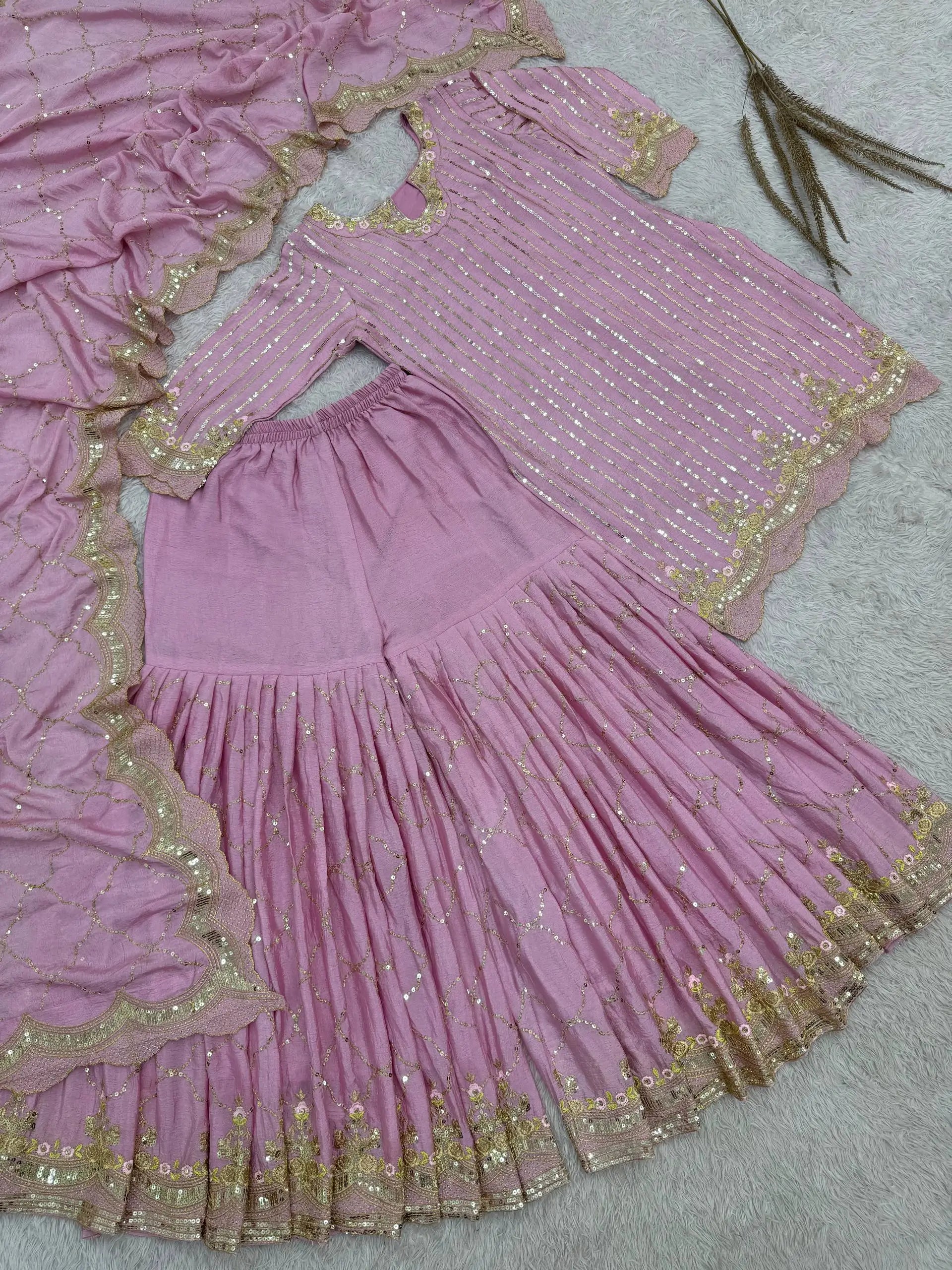 Embroidered Turkey Crush Sharara Suit Set for Wedding and Festive Wear