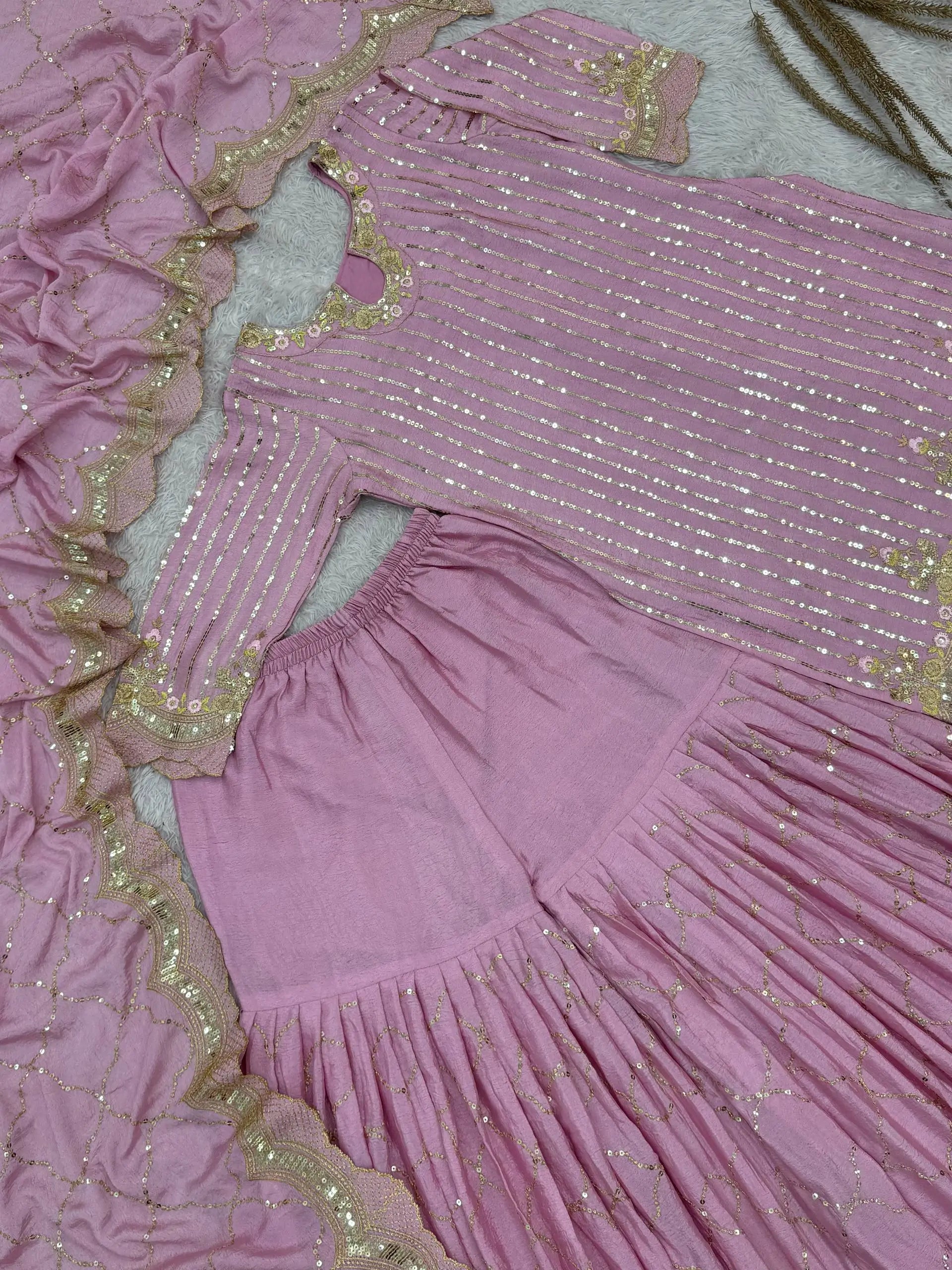 Embroidered Turkey Crush Sharara Suit Set for Wedding and Festive Wear