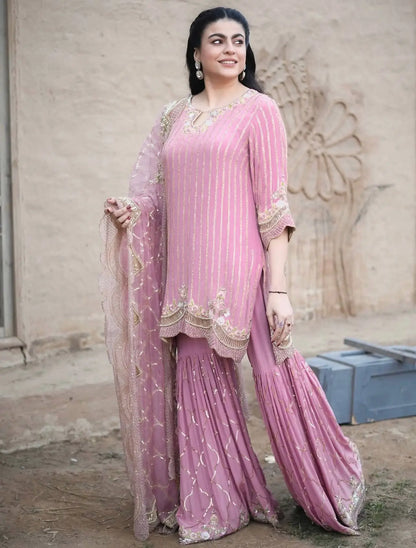 Embroidered Turkey Crush Sharara Suit Set for Wedding and Festive Wear