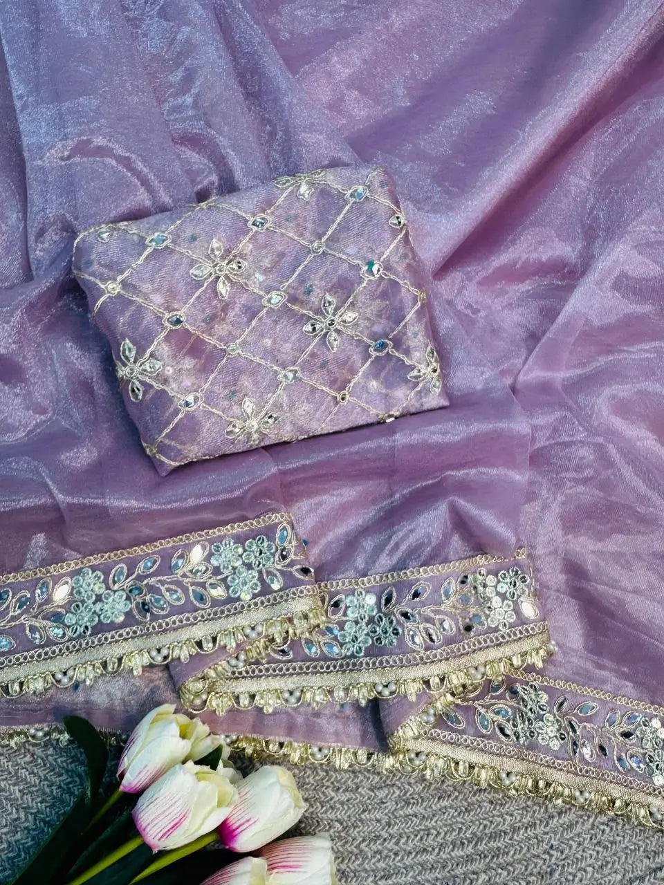 Embroidered Twill Net Saree