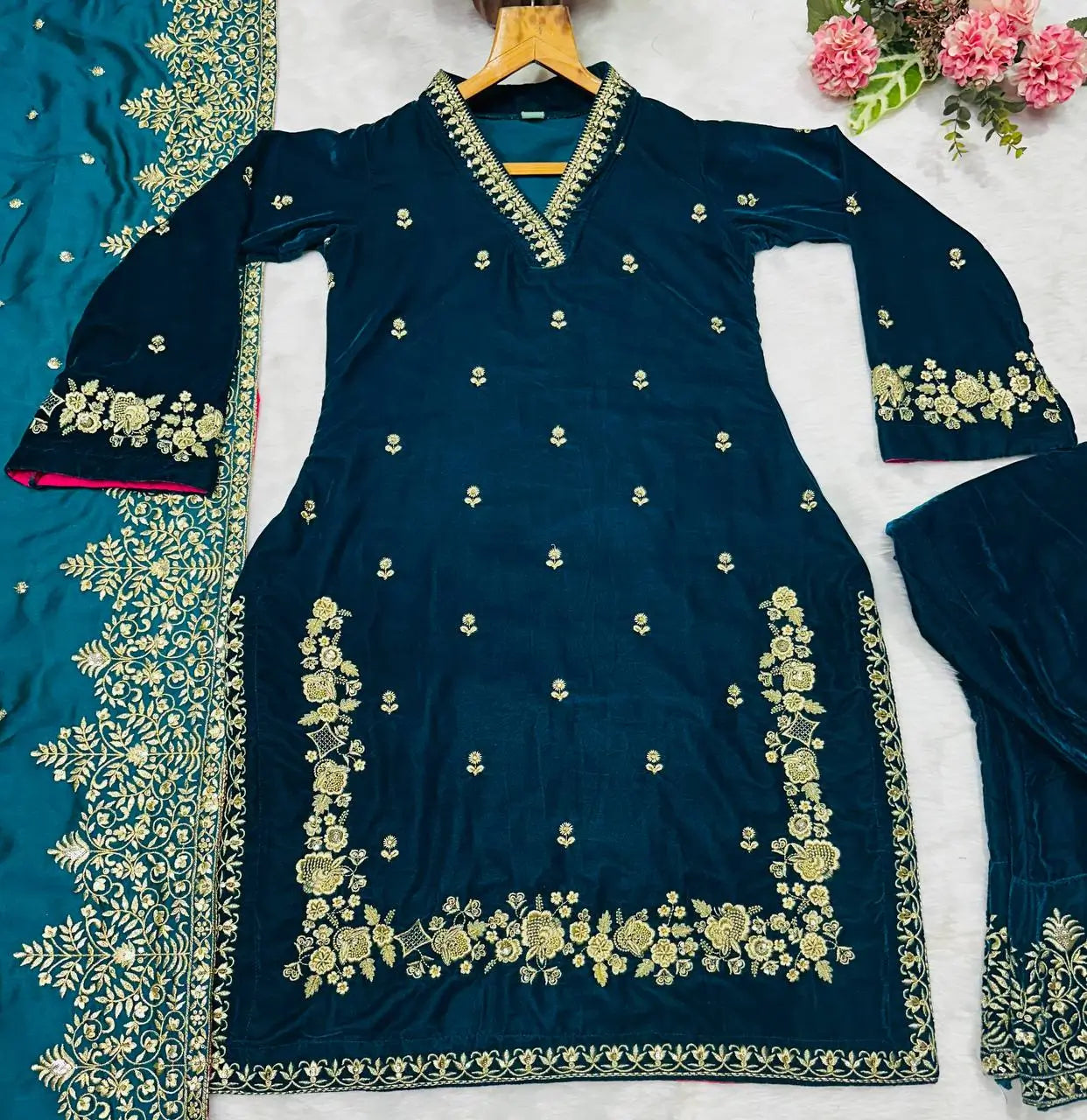 Embroidered Velvet Designer Suit Set