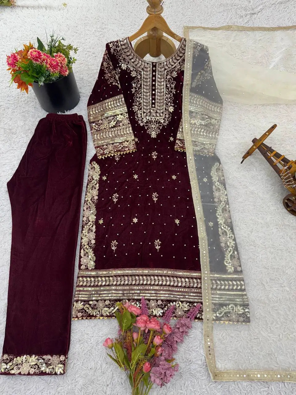 Embroidered Velvet Designer Suit Set