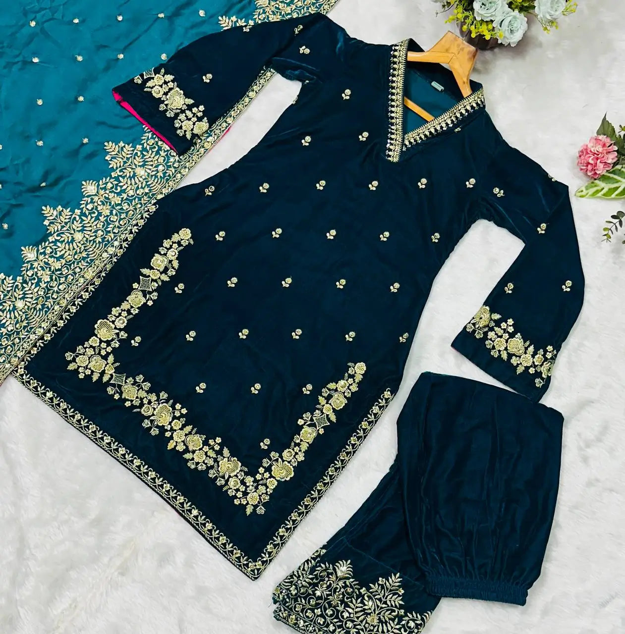 Embroidered Velvet Designer Suit Set