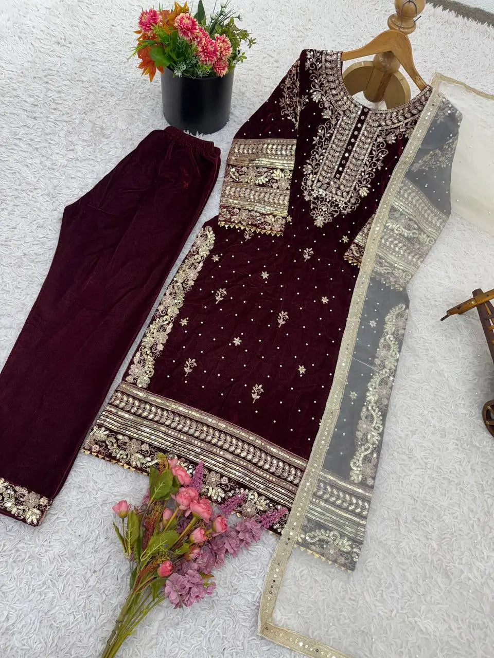 Embroidered Velvet Designer Suit Set