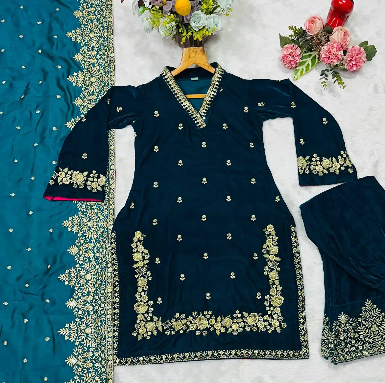 Embroidered Velvet Designer Suit Set
