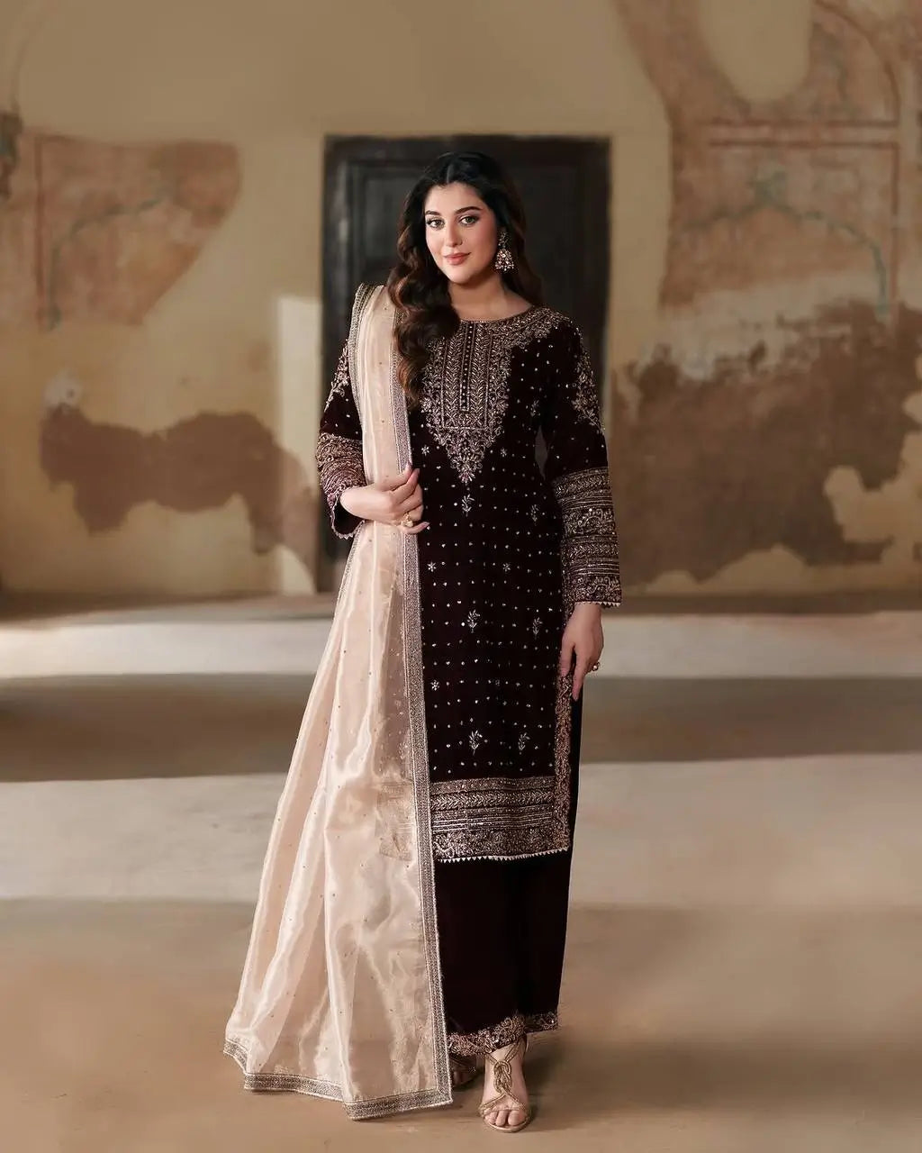 Embroidered Velvet Designer Suit Set