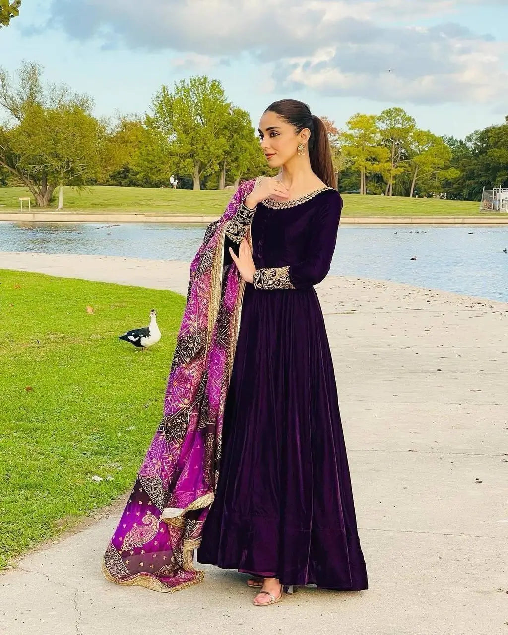 Embroidered Velvet Gown with Chinon Dupatta