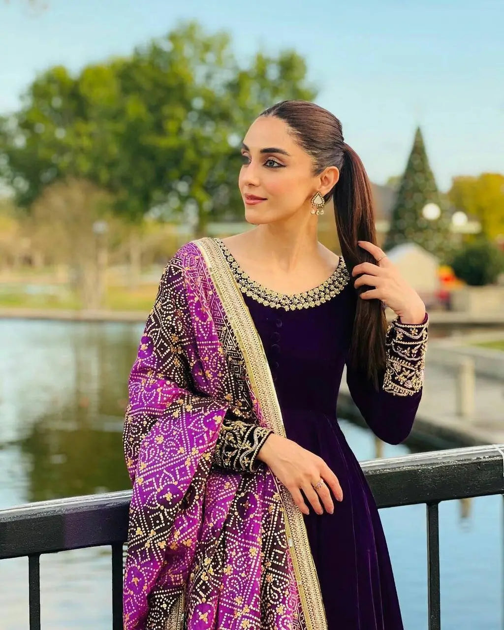 Embroidered Velvet Gown with Chinon Dupatta