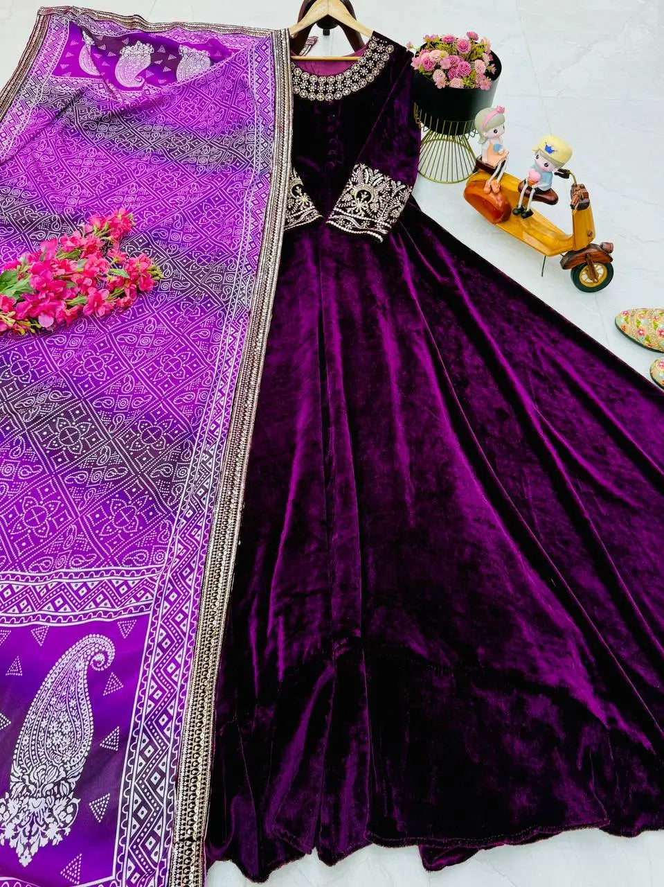 Embroidered Velvet Gown with Chinon Dupatta