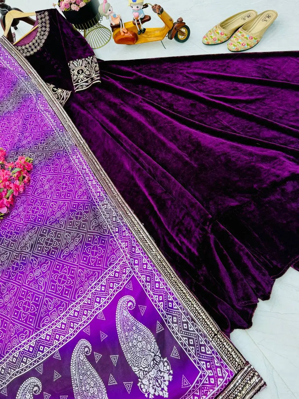Embroidered Velvet Gown with Chinon Dupatta