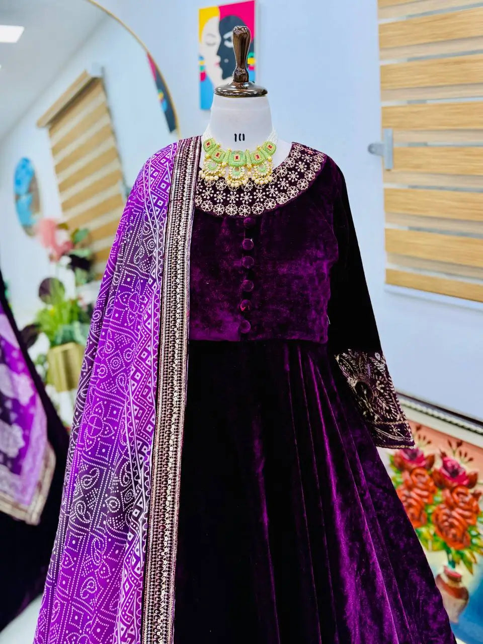 Embroidered Velvet Gown with Chinon Dupatta