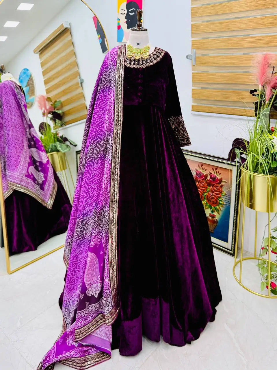 Embroidered Velvet Gown with Chinon Dupatta