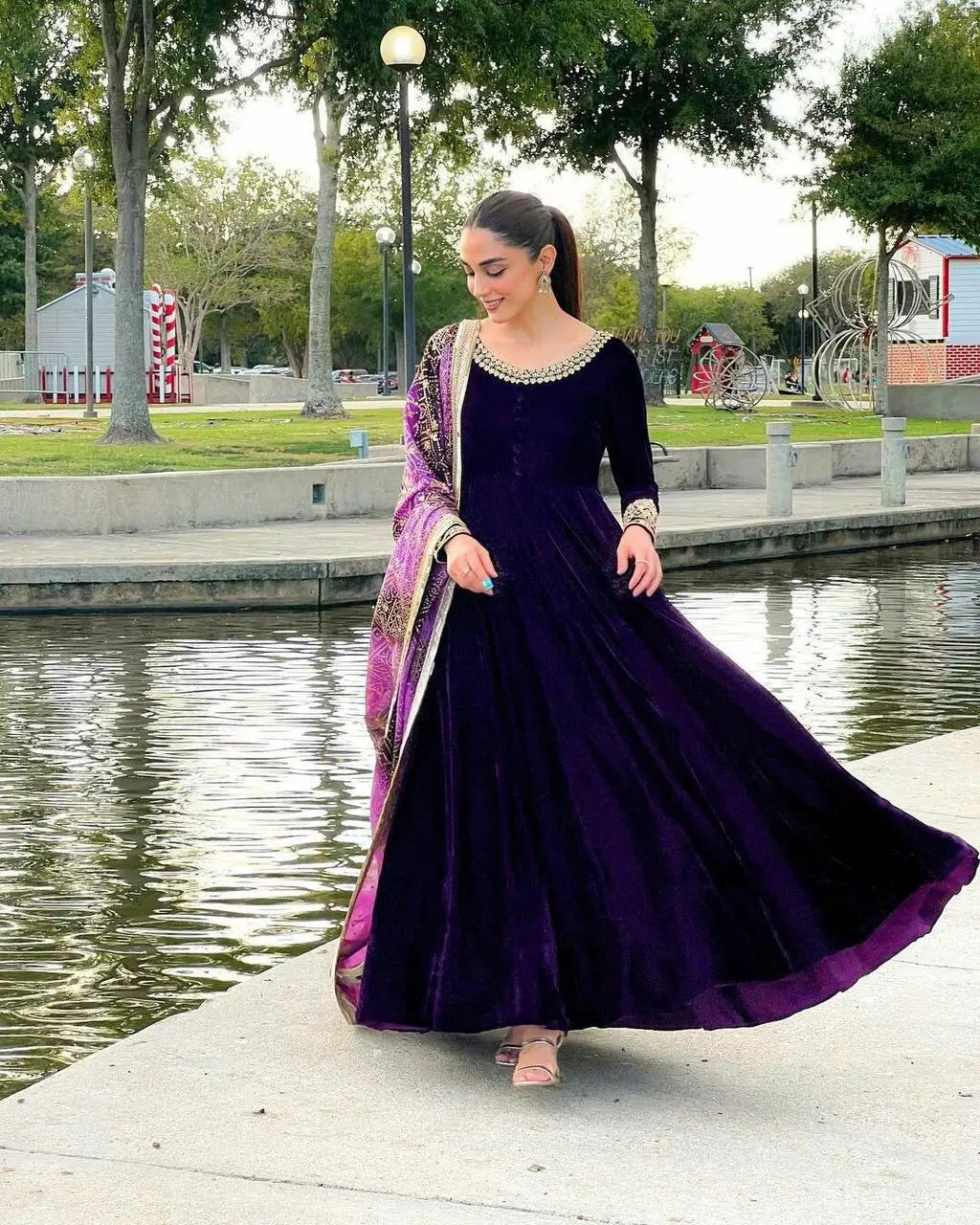 Embroidered Velvet Gown with Chinon Dupatta