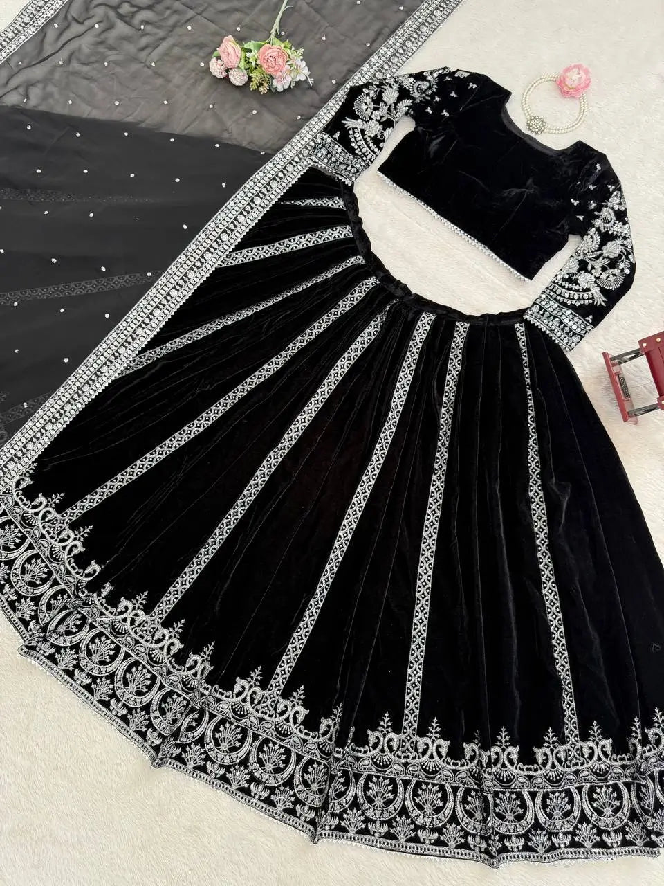 Embroidered Velvet Lehenga Set