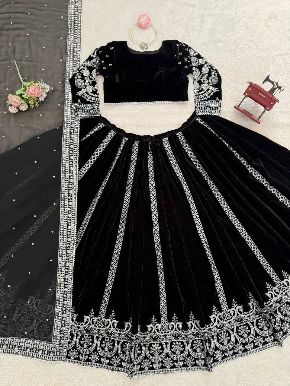Embroidered Velvet Lehenga Set