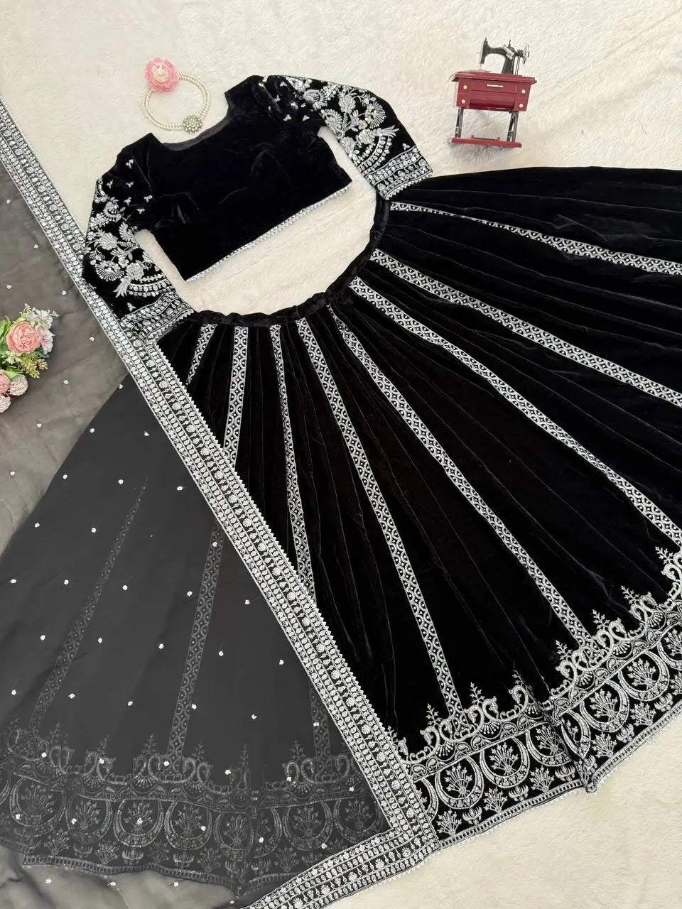 Embroidered Velvet Lehenga Set