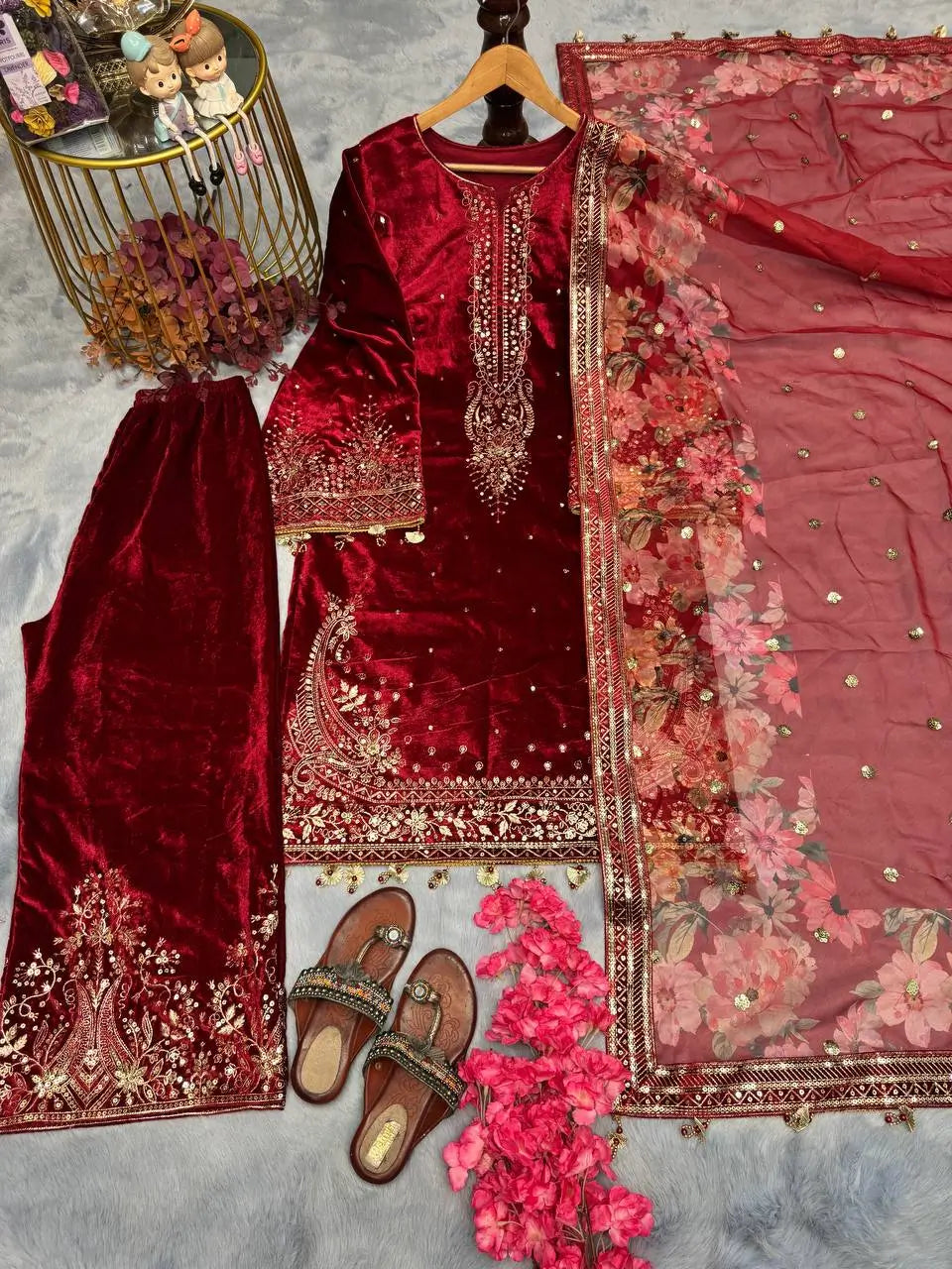 Embroidered Velvet Palazzo Suit Set