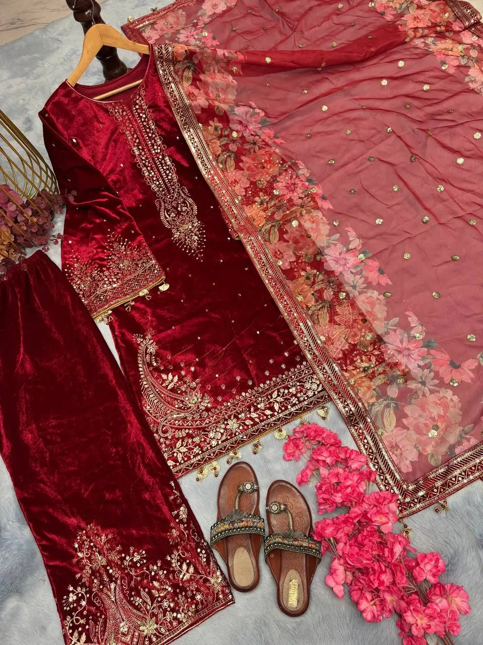 Embroidered Velvet Palazzo Suit Set