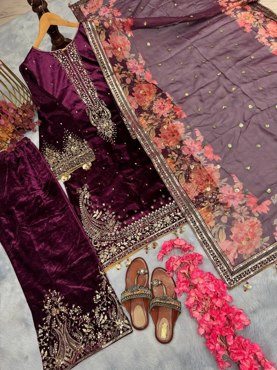 Embroidered Velvet Palazzo Suit Set