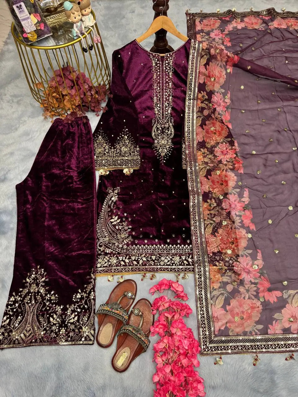 Embroidered Velvet Palazzo Suit Set