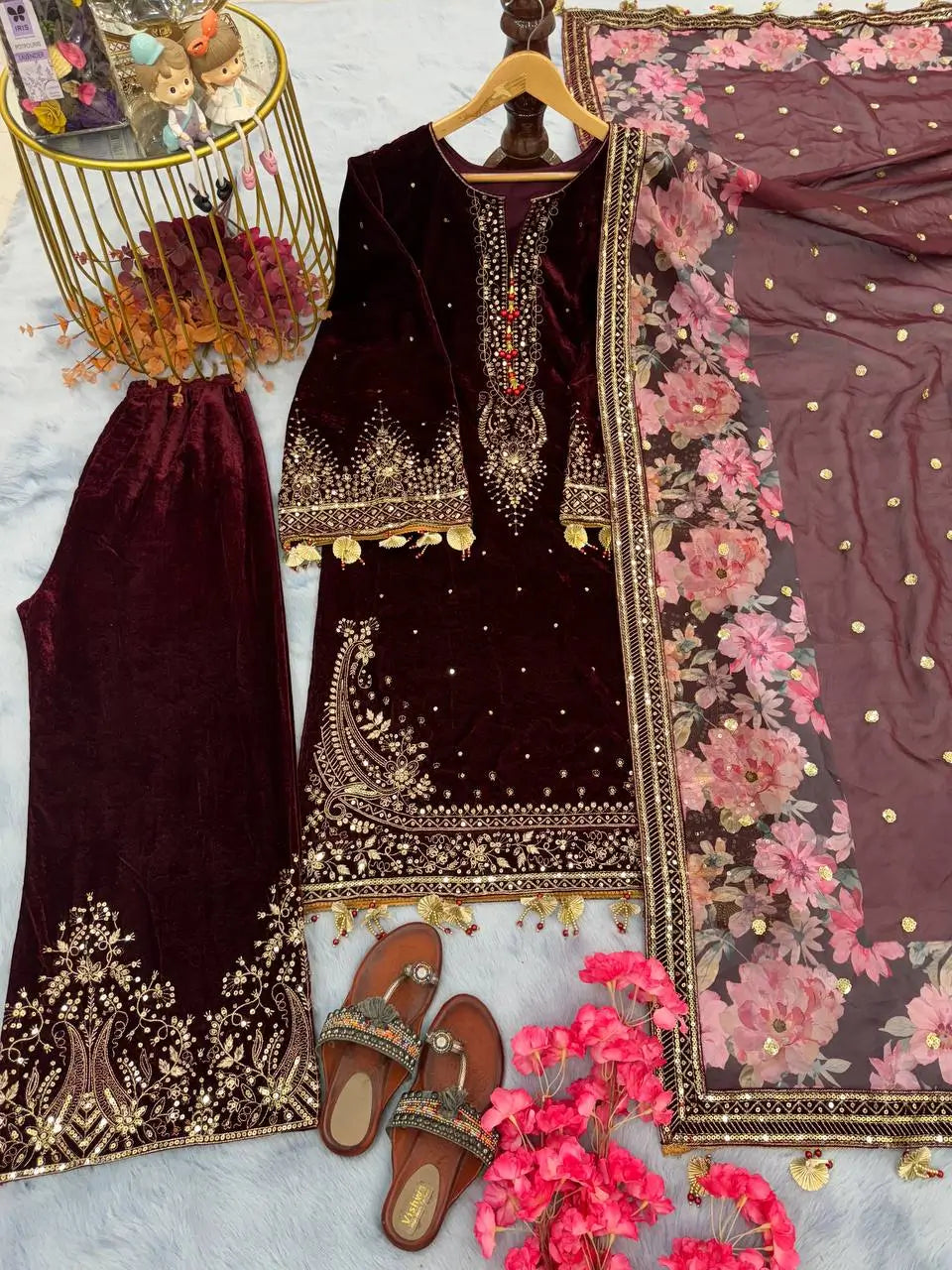 Embroidered Velvet Palazzo Suit Set