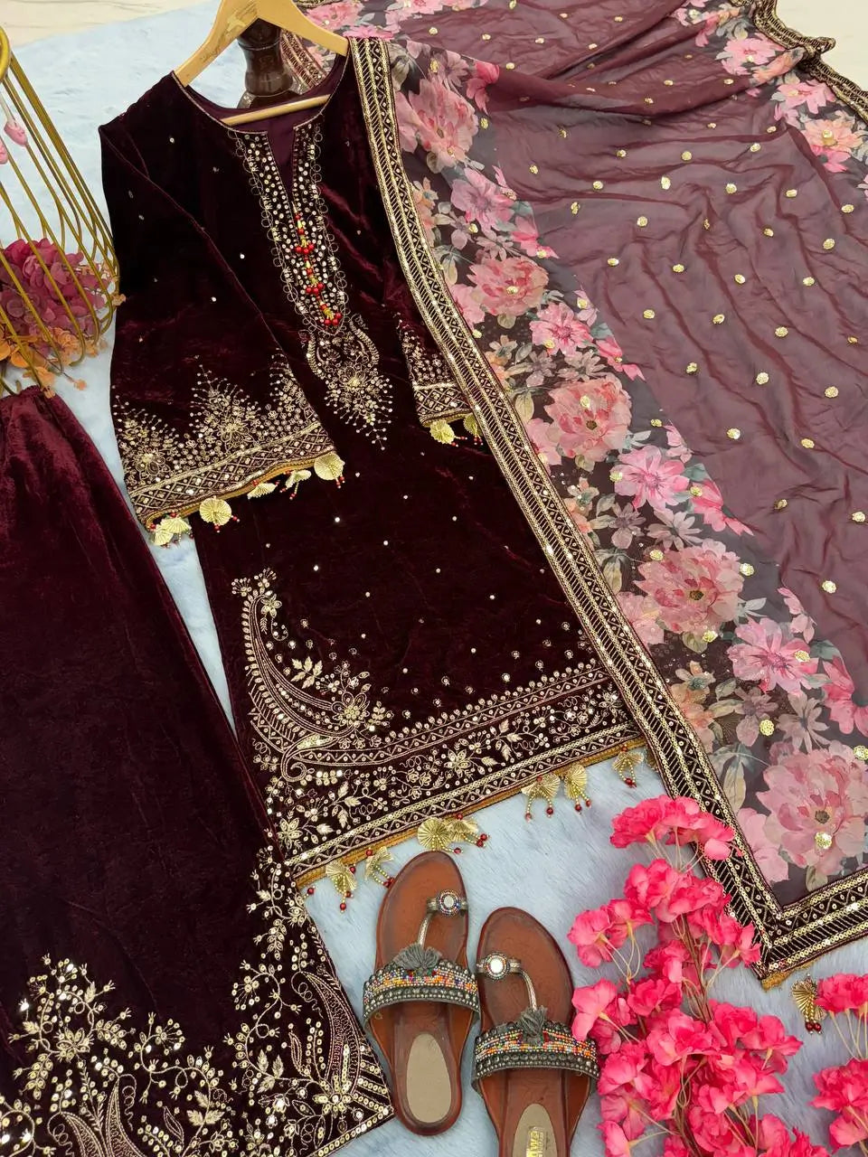 Embroidered Velvet Palazzo Suit Set