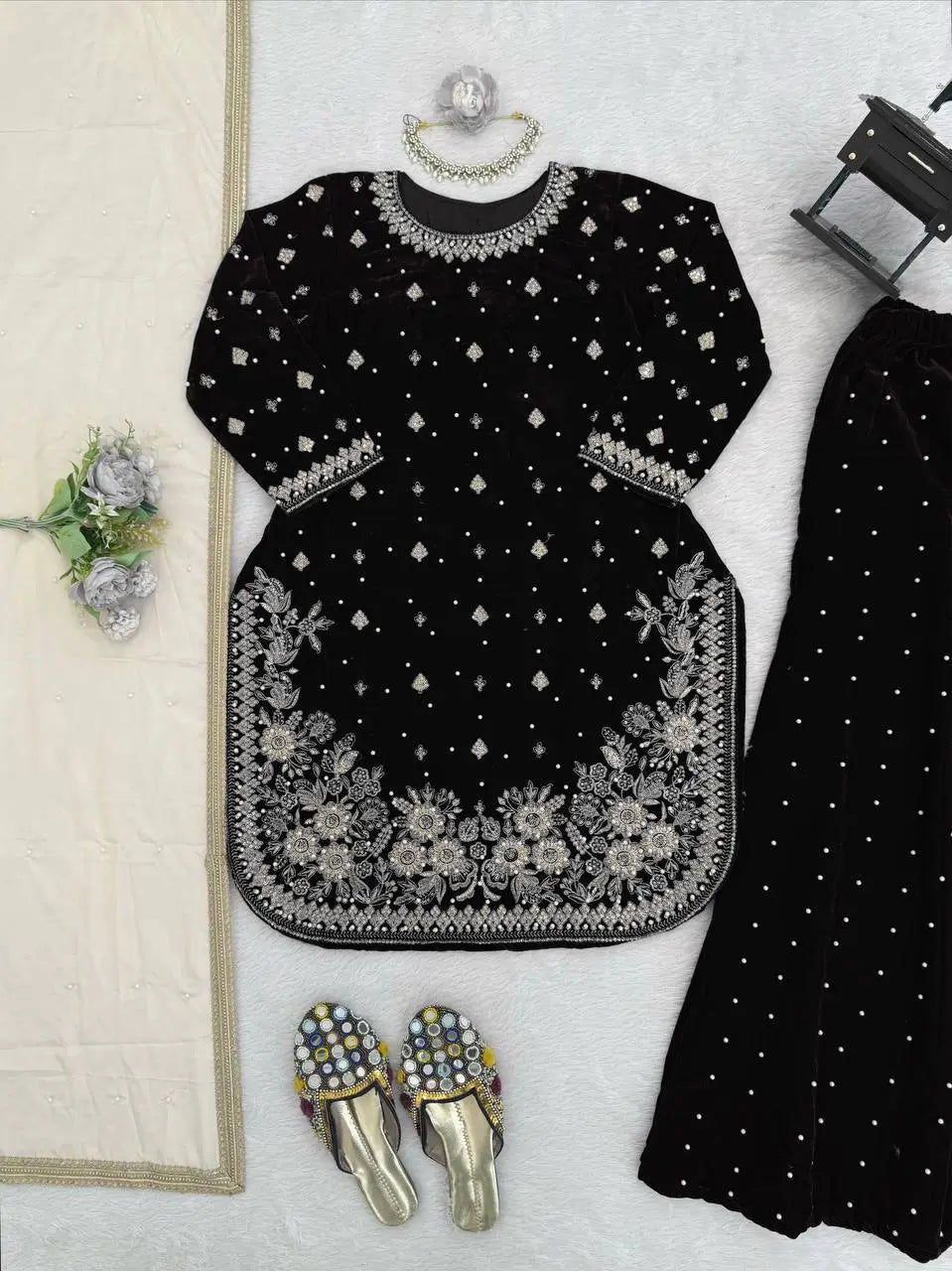 Embroidered Velvet Palazzo Suit Set