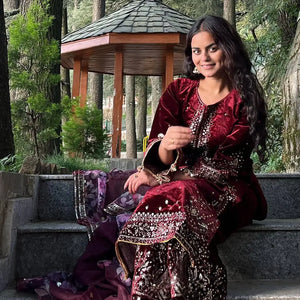 Embroidered Velvet Palazzo Suit Set