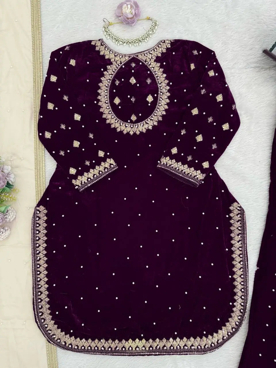 Embroidered Velvet Palazzo Suit Set