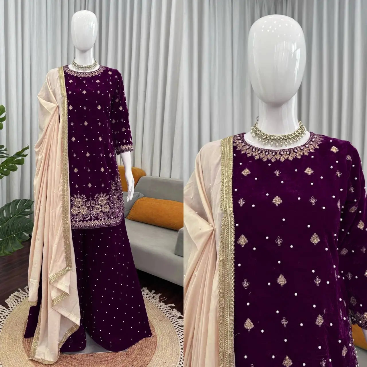 Embroidered Velvet Palazzo Suit Set