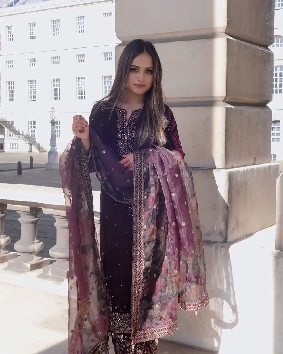 Embroidered Velvet Palazzo Suit Set