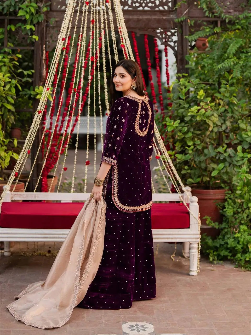 Embroidered Velvet Palazzo Suit Set