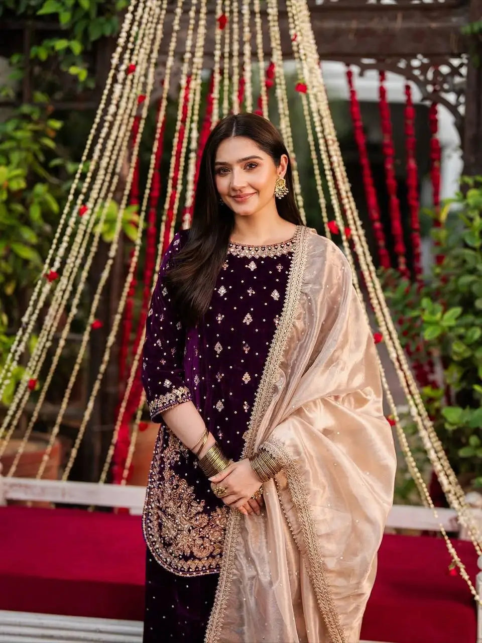 Embroidered Velvet Palazzo Suit Set