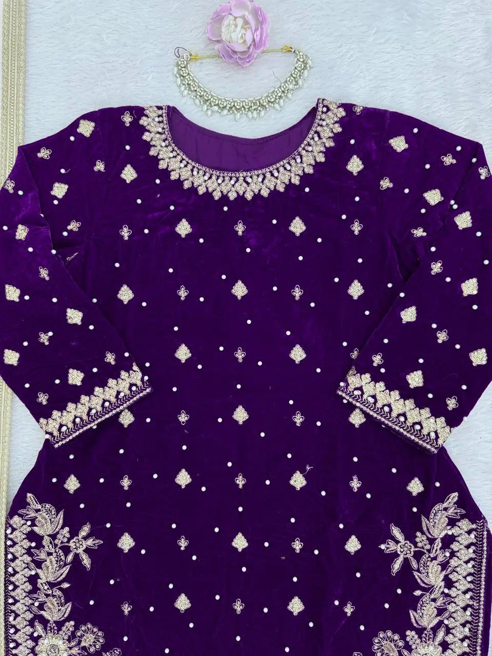 Embroidered Velvet Palazzo Suit Set