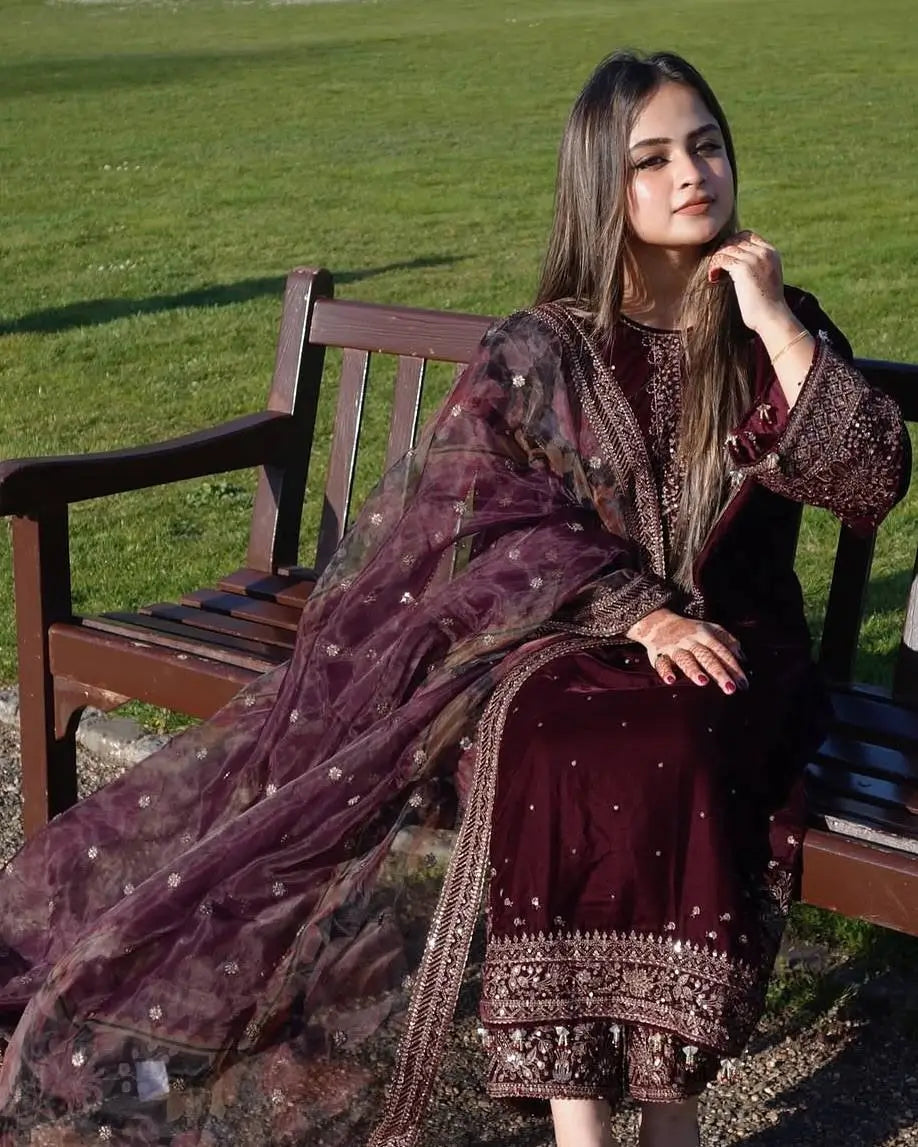 Embroidered Velvet Palazzo Suit Set