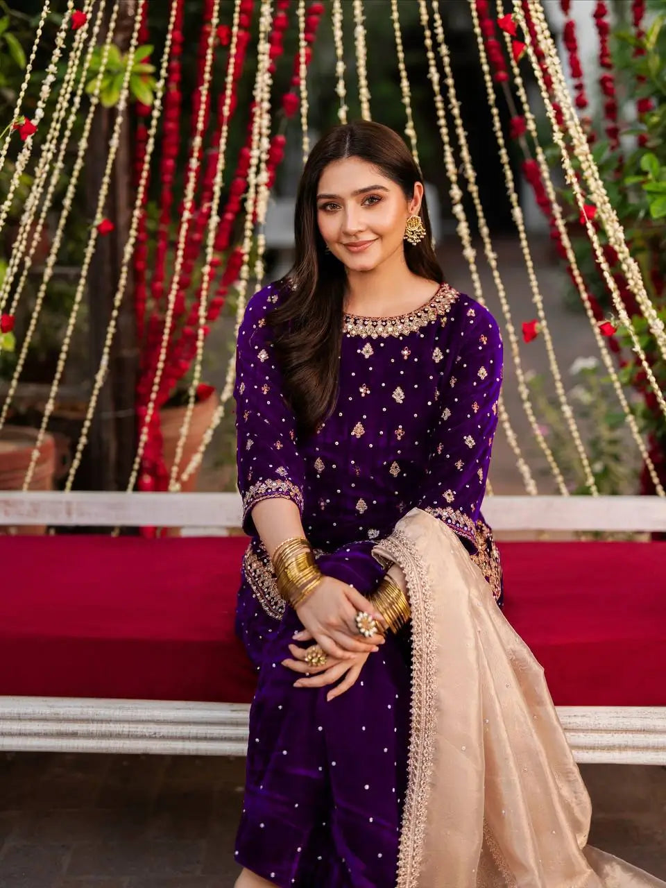 Embroidered Velvet Palazzo Suit Set