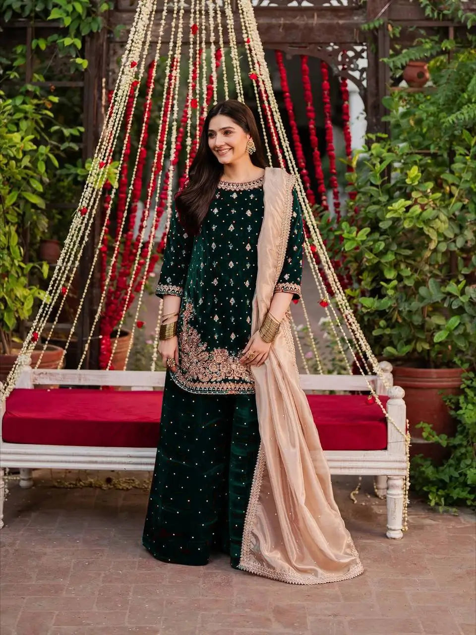 Embroidered Velvet Palazzo Suit Set