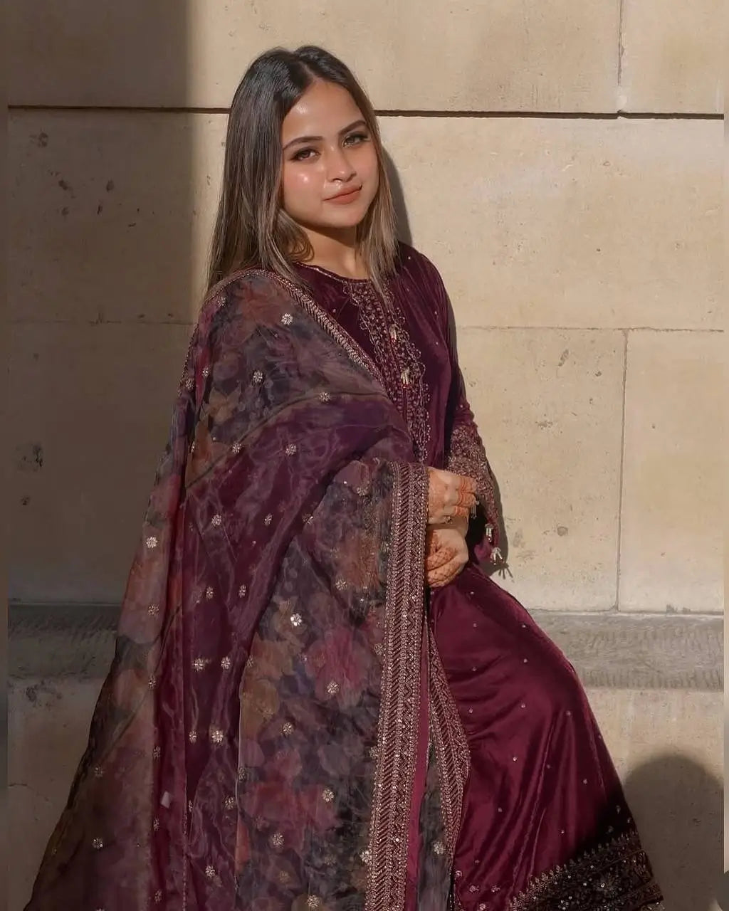 Embroidered Velvet Palazzo Suit Set